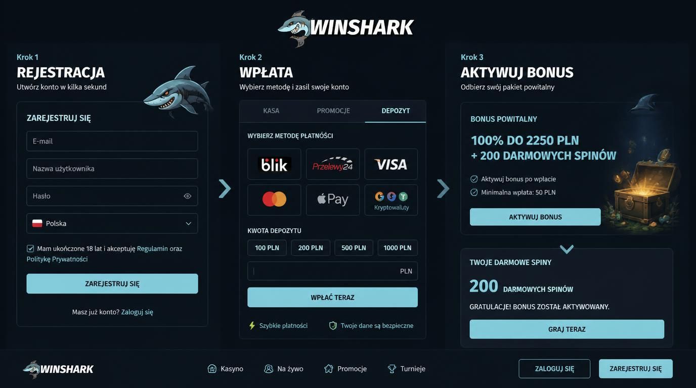 Schemat trzyetapowy rejestracji i aktywacji bonusu w Winshark Casino