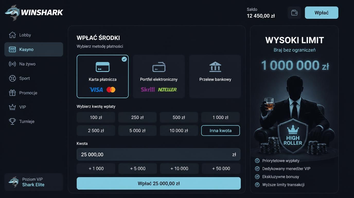 Zdjęcie przedstawiające panel wpłat w kasynie, karta, portfel, symbol dużego limitu i High Roller