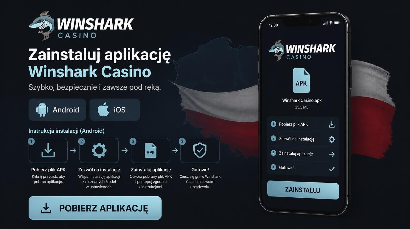 Ekran instalacji APK Winshark Casino na telefonie, ikony Android/iOS