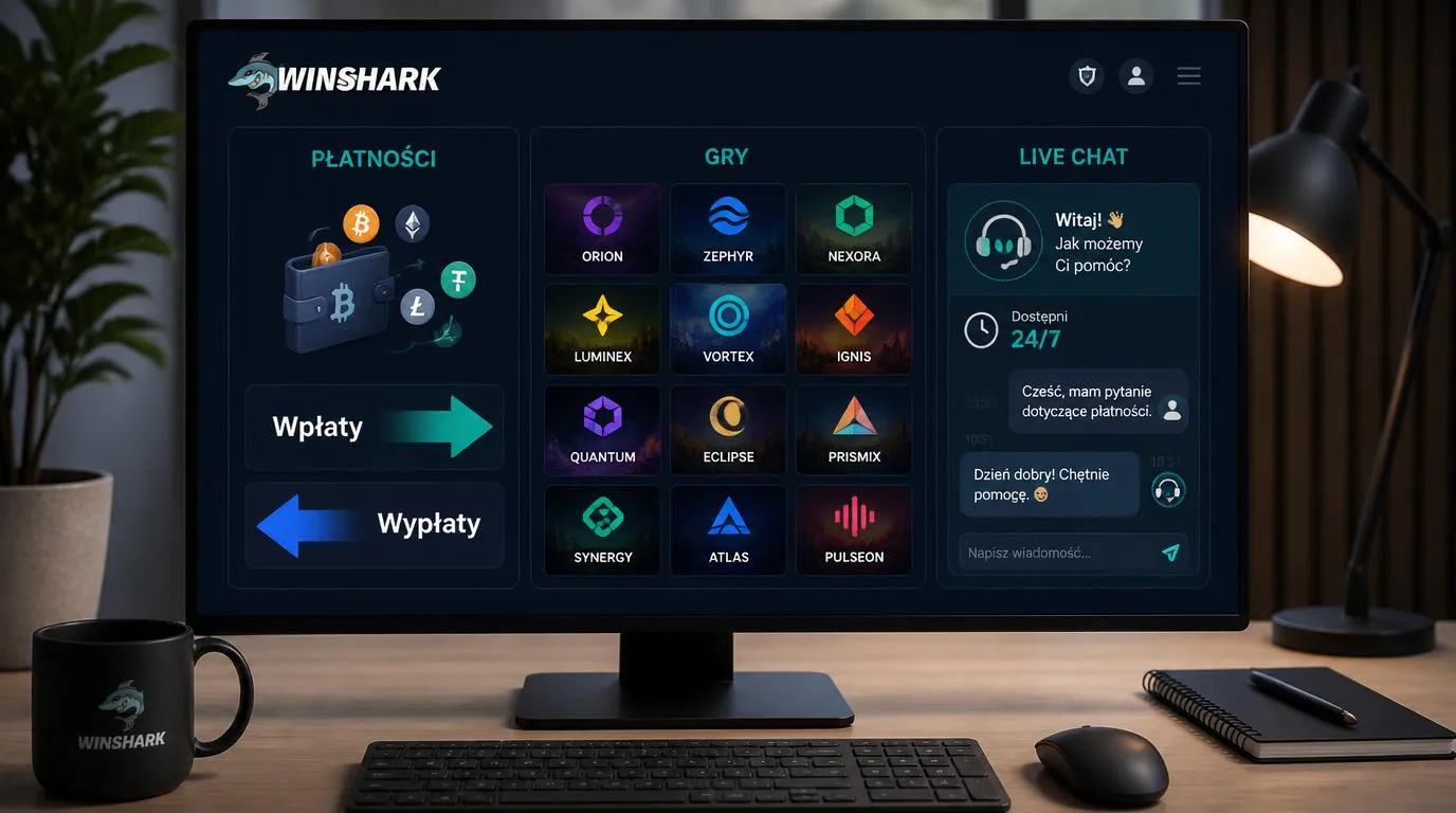 Panel kasyna z wpłatami i wypłatami kryptowalutowymi, katalogiem dostawców gier i czatem dostępnym 24/7