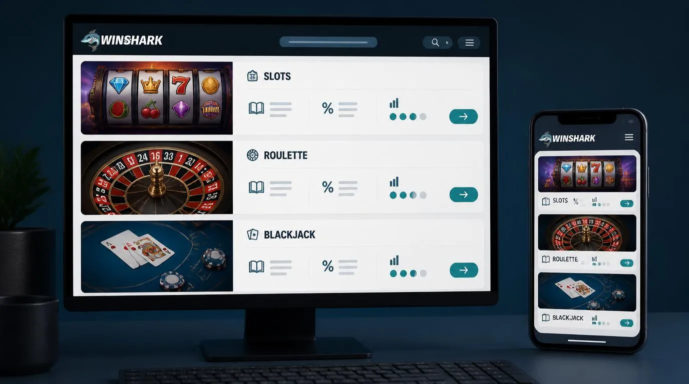 Panel katalogu gier z automatami, ruletką i blackjackiem oraz kartami informacji o zasadach i zmienności