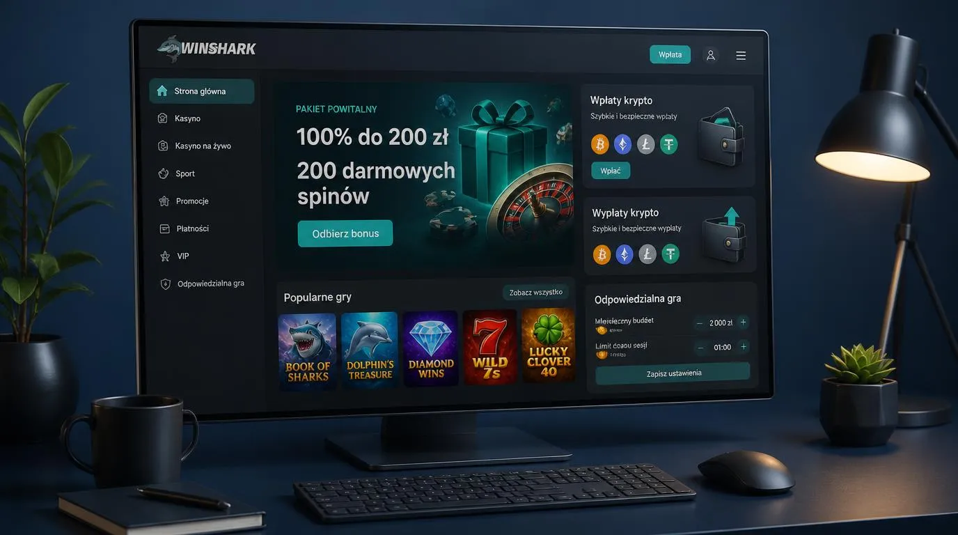 Panel kasyna z ofertą 100% do 200 zł, 200 darmowymi spinami i opcjami płatności kryptowalutowych